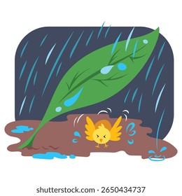 Small baby chicken take shelter under green leaf on the ground from rain water with dark sky background. Simple flat cartoon art styled colorful drawing isolated on square white backdrop.