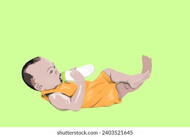 a small baby is drinking milk using a milk pacifier while lying down relaxing on a green background