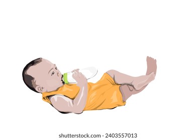 a small baby is drinking milk using a milk pacifier while lying down relaxing