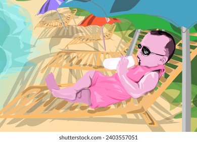 a small baby is drinking milk using a milk pacifier while lying relaxed on the beach by the sea