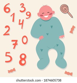A small baby is lying in a jumpsuit, numbers to indicate the months of the baby's age, a small cute vector baby