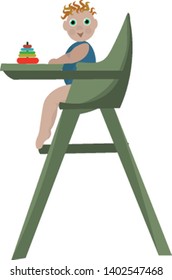 Small baby on high baby chair with his toy on it , vector, color drawing or illustration.