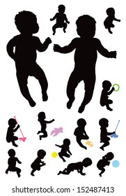 Small baby up to one year old silhouettes. Fourteen poses. Vector illustration.