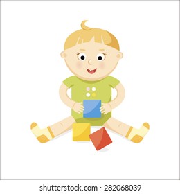 Small baby playing bricks. Vector Illustration
