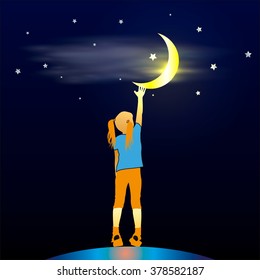 Small baby reaches with her hand for the moon and stars in the night deep blue sky. Thirst for knowledge concept. Vector silhouette illustration