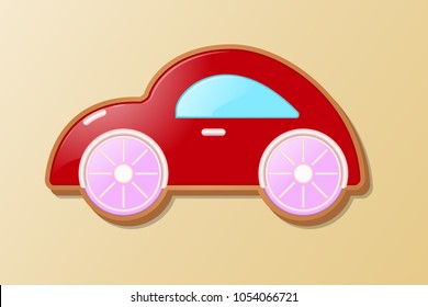 A small baby typewriter in the form of a cookie on a bright background and with orange wheels. Vector illustration