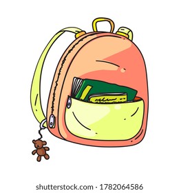 Small backpack. Isolated cartoon kid school bag with pocket and zippers doodle icon. Student child small schoolbag backpack object. Vector education and study concept