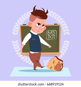 Small Bad School Boy Standing Over Class Board Hooligan Schoolboy Education Banner Flat Vector Illustration