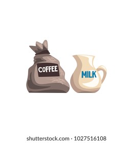 Small bag of coffee and milk jug cartoon vector Illustration on a white background