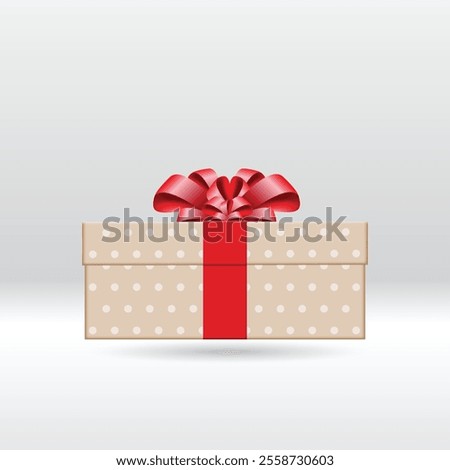 Small Baige color gift box with polka dots and red ribbon bow. 3d style, design for giveaway, surprise, holiday. Vector illustration. stock illustration