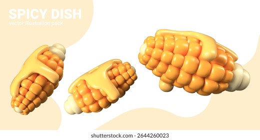 Small baked corn with melted butter. Vegetarian dish in different positions