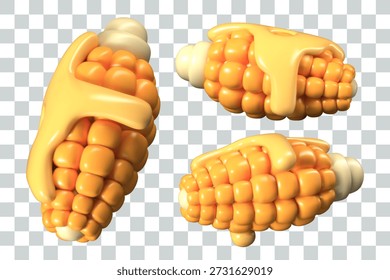 Small baked corn with melted butter. Boiled whole cobs. Close up vector model