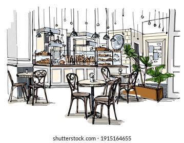 Small bakery interior - hand drawn sketch