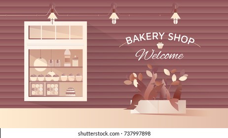 Small bakery shop facade, stylish exterior storefront design with copy space background, brown tone