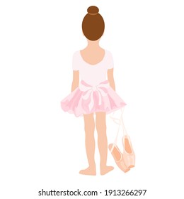 Niña bailarina pequeña de tubo rosado con zapatos de punta, visión trasera, teatro, posar, ballet vectorial