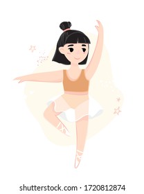 Small ballerina in pointe shoes in a dance pose on an abstract background. Cute cartoon poster for decor of kids rooms. Beautiful young dancer for schools, studios in choreography. Vector illustration