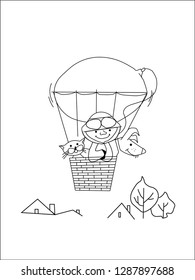 a small balloon pilot flies with his friends a cat and a dog on a white background