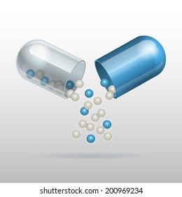 Small balls pouring from an open medical capsule. Vector illustration