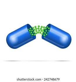 Small balls pouring from an open medical capsule. Vector illustration