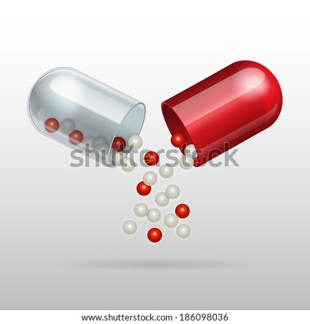 Small balls  pouring from an open medical capsule. Vector illustration