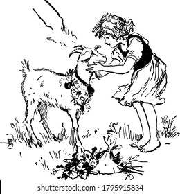 A small barefoot girl taking care of her pet goat, in a field farm. The goat is wearing a garland of flowers around its neck. Another bundle of flowers rests at the girl's feet, vintage line drawing