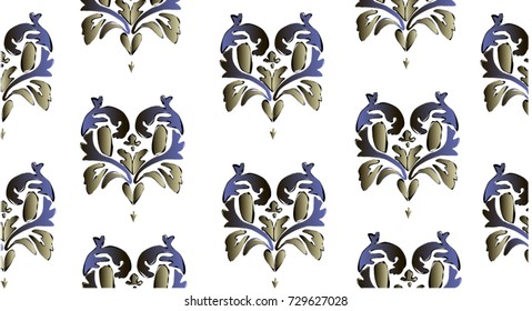 Small baroque damask, swirls in pattern gold and blue on white background