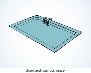 Small basin pond on light floor backdrop. Freehand linear black ink hand drawn logo emblem design in art retro contour scribble engraving style pen on paper with space for text