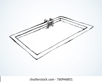 Small basin pond on light floor backdrop. Freehand linear black ink hand drawn logo emblem design in art retro contour scribble engraving style pen on paper with space for text