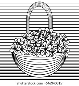 Small basket with flowers in line art style. Black and white vector illustration