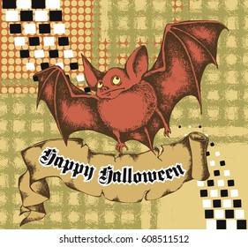 Small bat. Hallowen card. Vector illustration. Engraved style