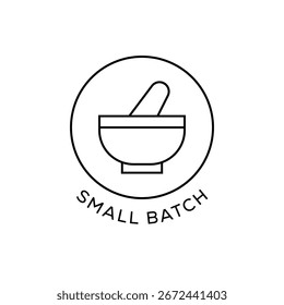 Small Batch Badge Icon with Mortar and Pestle Symbol Vector Illustration