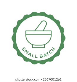 Small Batch Production Badge in Minimal Green Seal with Mortar and Pestle Icon Vector Illustration
