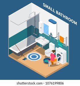 Small Bath Room Isometric Composition With Plumbing, Water Heater, Laundry Machine, Towel Dryer, Vector Illustration