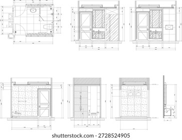 Small Bathroom Interior Design Drawing with Shower Area, Floor Plan, Elevation and Section