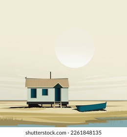A small beach cabin house and a boat on the beach in the summer 
