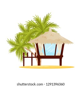 Small beach house with big windows. Tropical wooden bungalow and green palm trees on background. Flat vector design