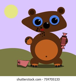 A small bear cub eats candy. Vector illustration.
