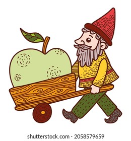 Small bearded gnome in a red cap is carrying an apple in a wheelbarrow. Colorful vector illustration in cartoon style.