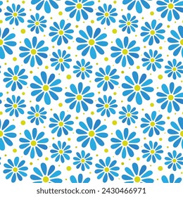 Small beautiful blue flowers and dots isolated on a white background. Cute floral seamless pattern. Vector simple flat graphic illustration. Texture.