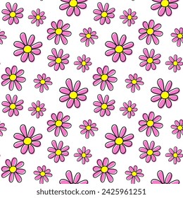 Small beautiful shiny purple flowers isolated on white background. Cute floral seamless pattern. Vector simple flat graphic hand drawn illustration. Texture.