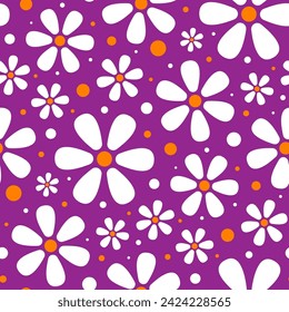 Pequeñas y hermosas flores blancas aisladas sobre un fondo púrpura. Lindo patrón floral sin costuras. Ilustración gráfica plana simple del vector. Textura.