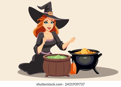 A small beautiful witch with multi-colored eyes in a hat brews a potion.