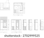 Small Bedroom 2D Drawing with Built-in Wardrobe and Dressing Table – Plan, Elevation, and Section for Interior Design
