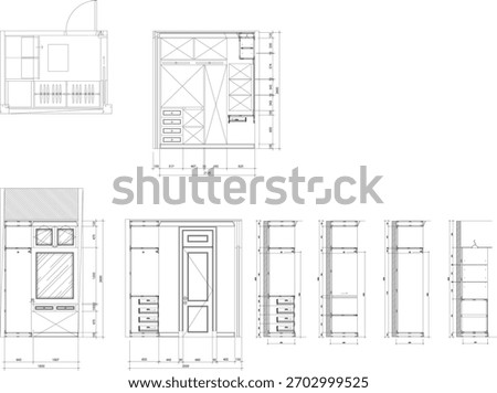 Small Bedroom 2D Drawing with Built-in Wardrobe and Dressing Table – Plan, Elevation, and Section for Interior Design