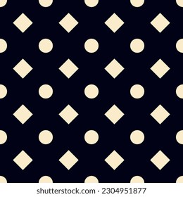 Kleine beige Kreise und Quadrate einzeln auf dunkelblauem Hintergrund. Monochrome geometrische nahtlose Muster mit Polka-Punkten. Vektorgrafik, einfache flache Grafik. Textur.
