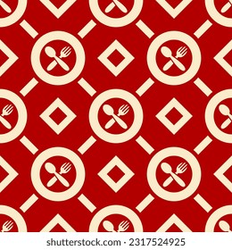 Small beige plates, spoons and forks isolated on a red background. Monochrome seamless pattern. Vector simple flat graphic illustration. Texture.