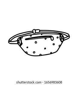 Small belt bag in doodle style isolated on white background. Trendy handbag. Sign icon. Vector outline illustration. Usable as icon or symbol. Decoration element.Hand drawn black sketch.Running bag.