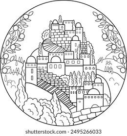 Small biblical town on a hill scenery coloring page. Round linear illustration