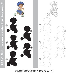 Small Bicyclist Boy with different shadows to find the correct one, compare and connect object with it true shadow, the educational kid game with simple gaming level.