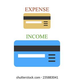 Small and big bank plastic cards as sings of income and expense